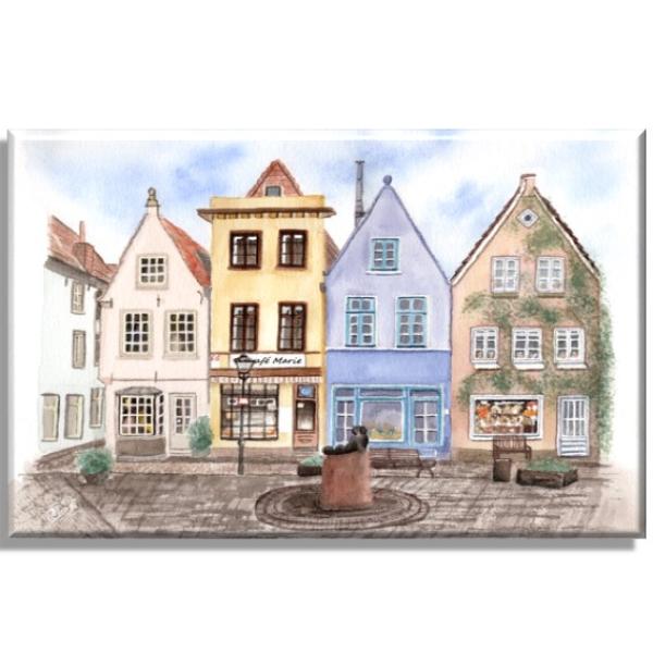 Leinwand 40 x 30 cm Keilrahmen Canvas-Leinen Aquarell Maritim Kunst Druck Kunstdruck Bremen Bremer Schnoor Gasse Nordsee Souvenir Souvenirs